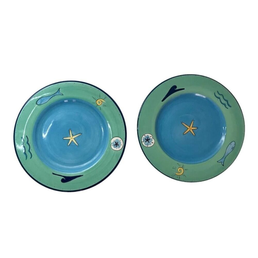 Brushes Hand Painted K.I.C. Dinner Plate - Ocean Fish Starfish - Blue / Green x2